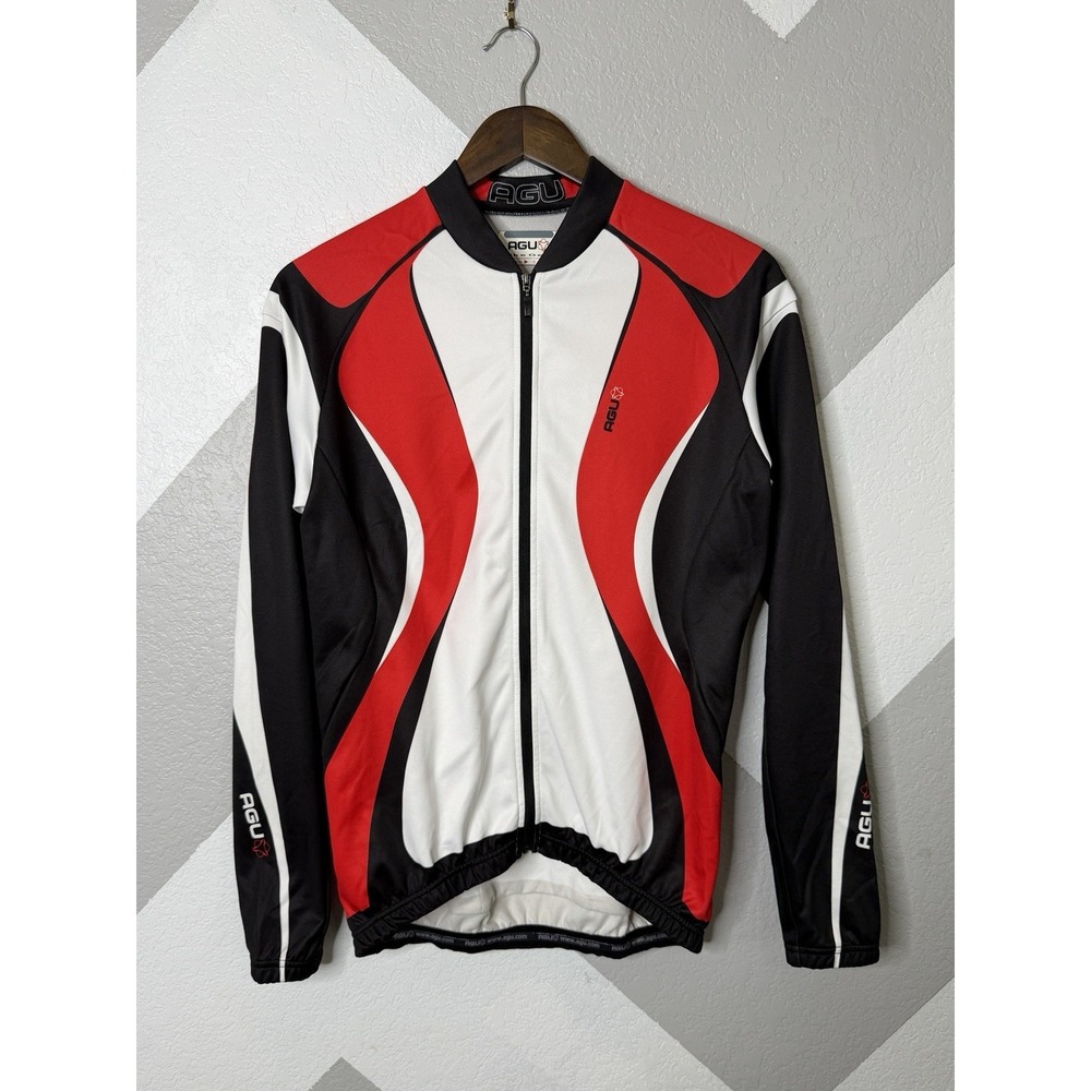 AGU Men Red Black White Cycling Jersey Long Sleeve Full Zip Osero Size S - Picture 2 of 11